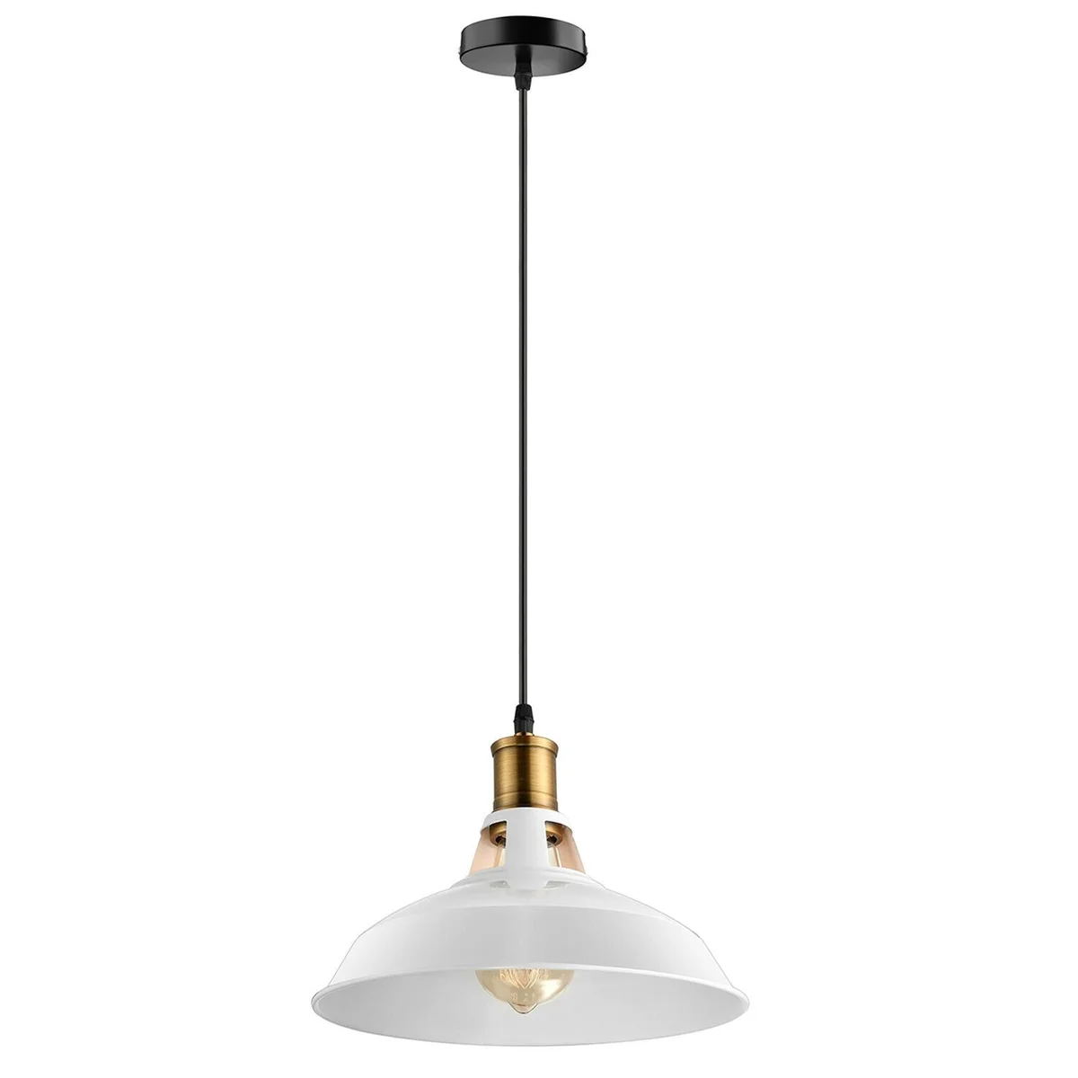 White pendant with gold accents, metal shade and PVC cable, hanging from ceiling, perfect living room ceiling light
