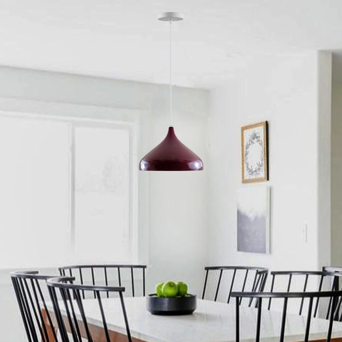 Vintage pendant light with teardrop metal dome, burgundy painted finish, white interior, angled base for sloped ceilings.