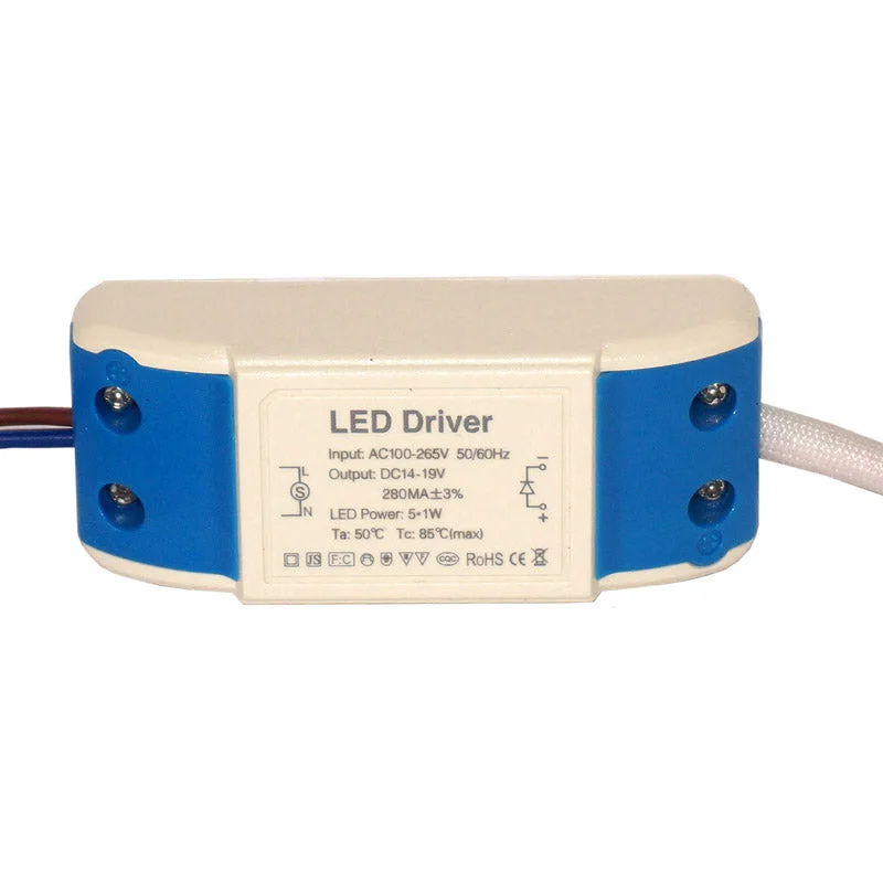 Compact plastic 5W constant current LED driver with screw terminals, 14-19V output 280mA, shown on white surface.
