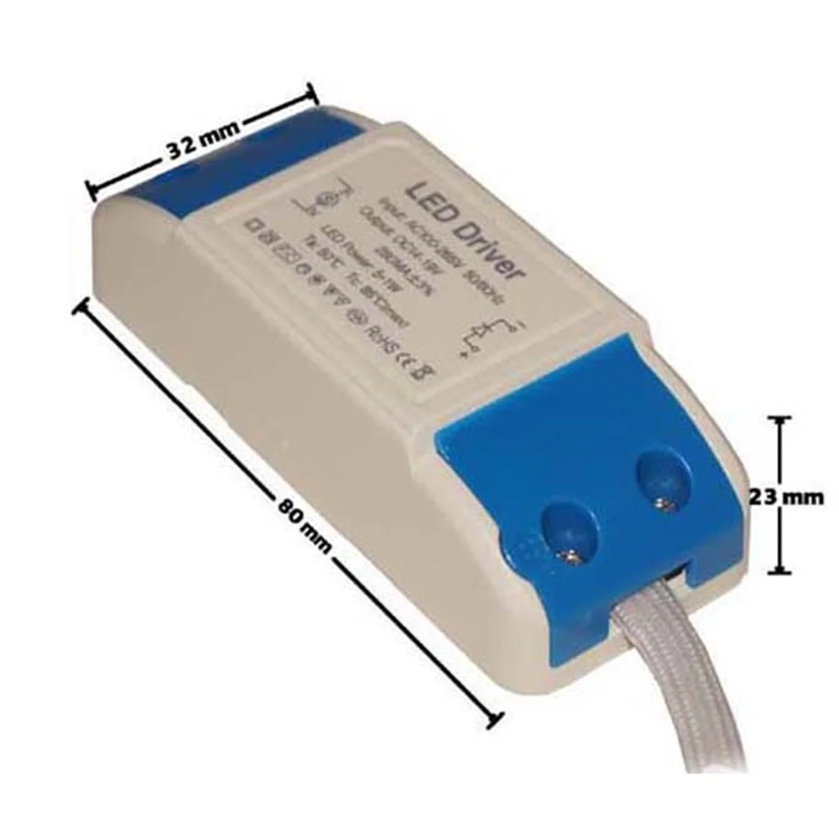Compact 5 watt LED driver with screw terminals, plastic housing, labeled 14-19V DC output, CE and RoHS marked