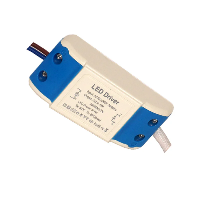 Compact 5W constant current transformer in plastic casing with screw terminals, labelled 14-19V 280mA, for LED lighting.
