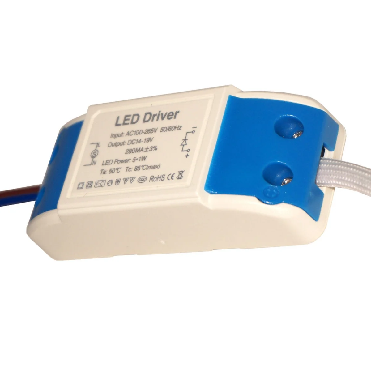 Compact 5W LED driver in plastic housing with screw terminals, CE RoHS certified, labeled 14‑19V DC, AC 100‑265V input.