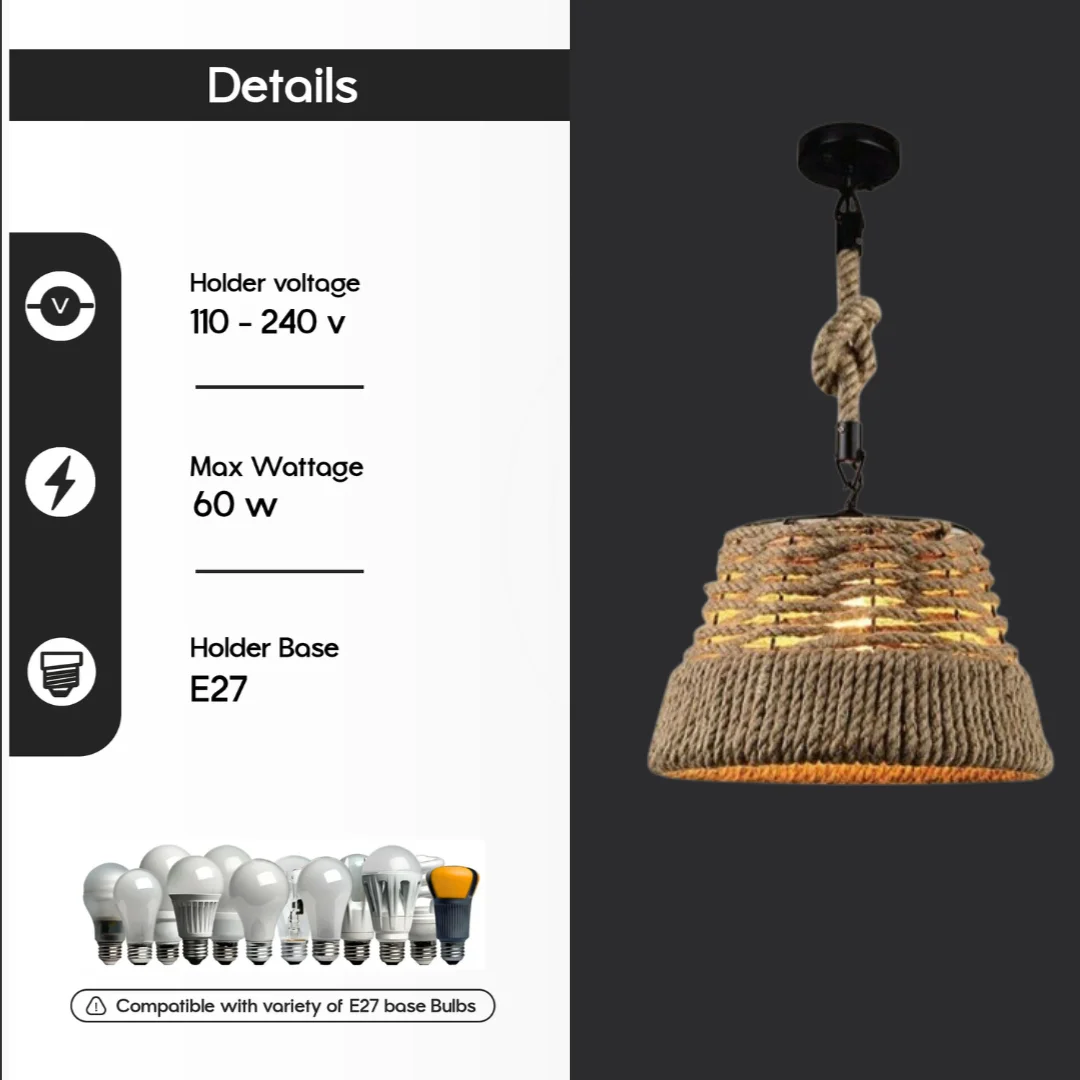Hemp rope ceiling light with a sturdy iron shade hanging from a lamp hook, vintage industrial style.