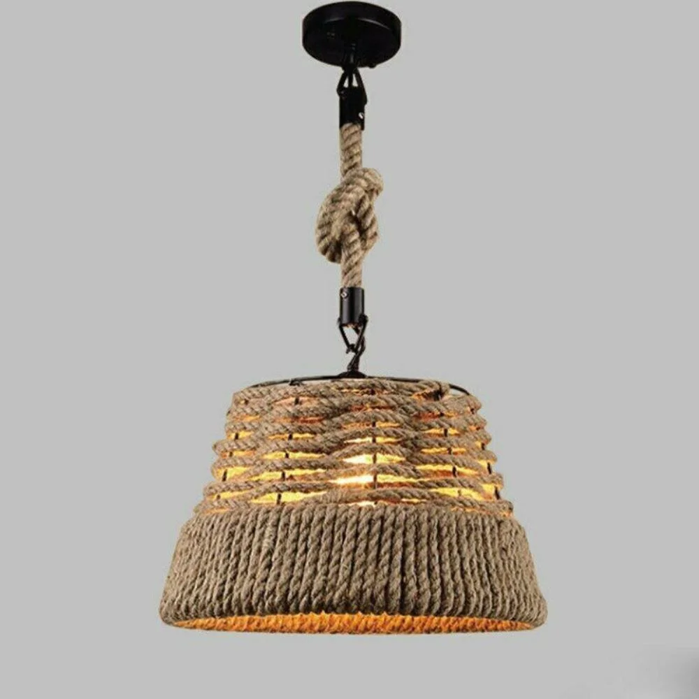 Loft style pendant lighting with hemp rope suspension and a durable iron shade, giving a vintage industrial look.