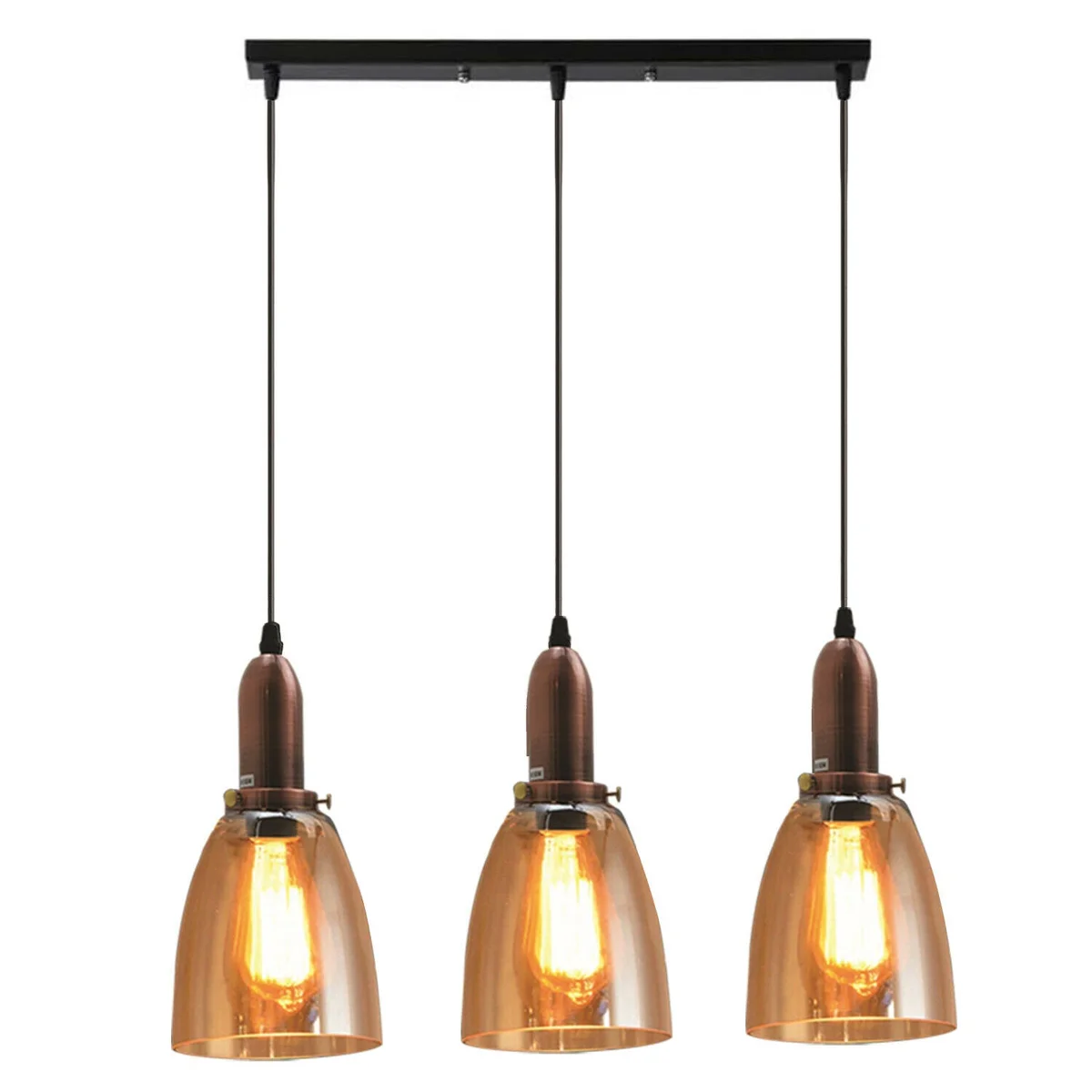 Three‑head retro ceiling light with black and amber glass shades, metal base, PVC cable, industrial style pendant.