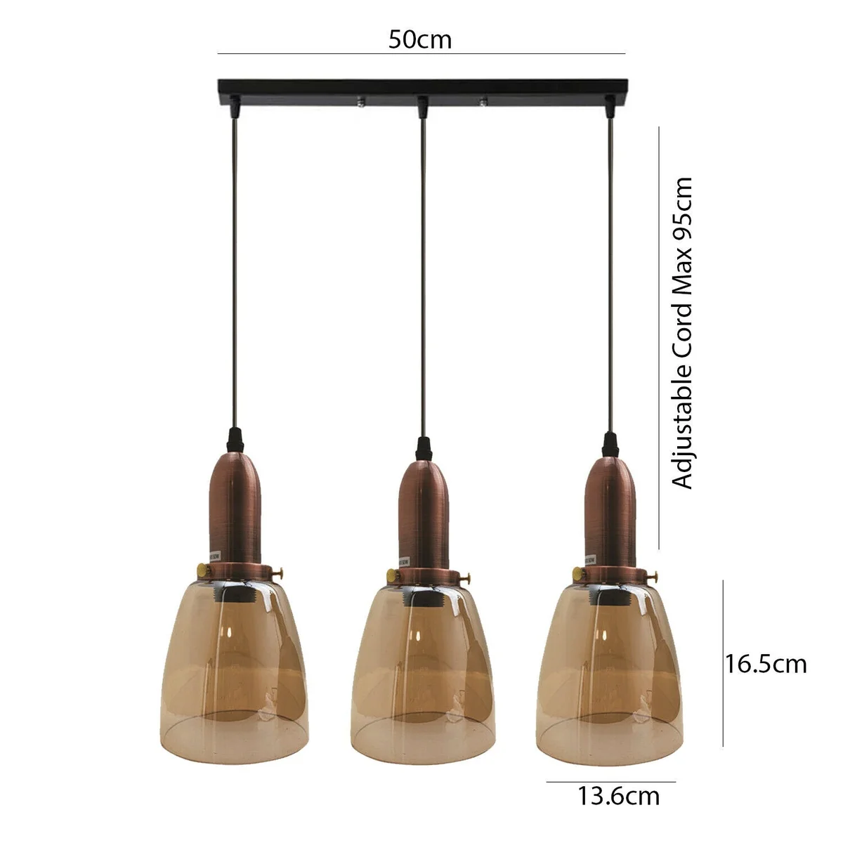 Three‑head industrial pendant lamp with black & amber glass shades, metal, PVC, featuring an E27 base ceiling light