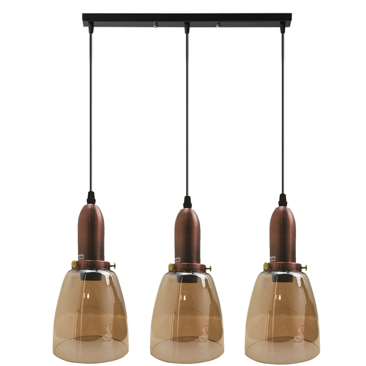 three head ceiling lamp with black and amber glass shades hanging above a metal base, 95cm PVC cable, industrial style.