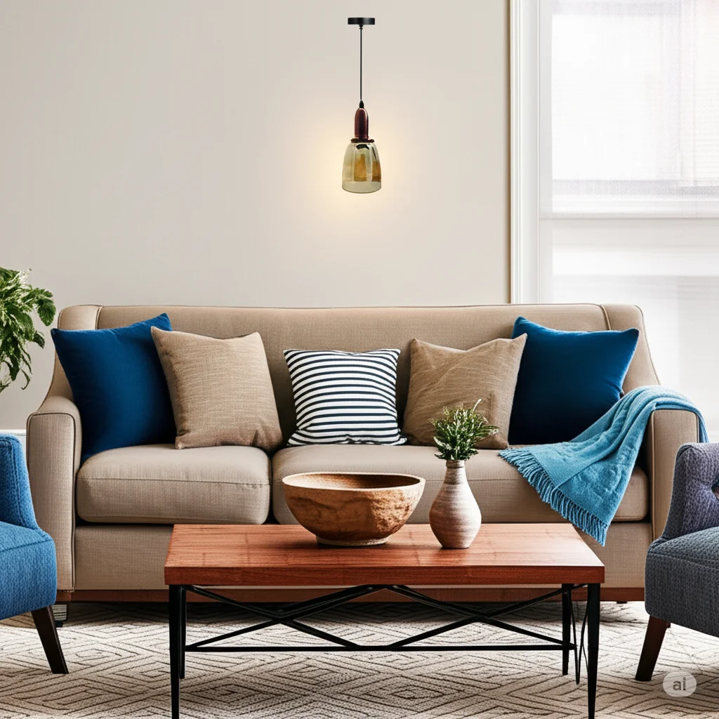 Black glass pendant light with metal frame and 95cm PVC cable, hanging from ceiling.