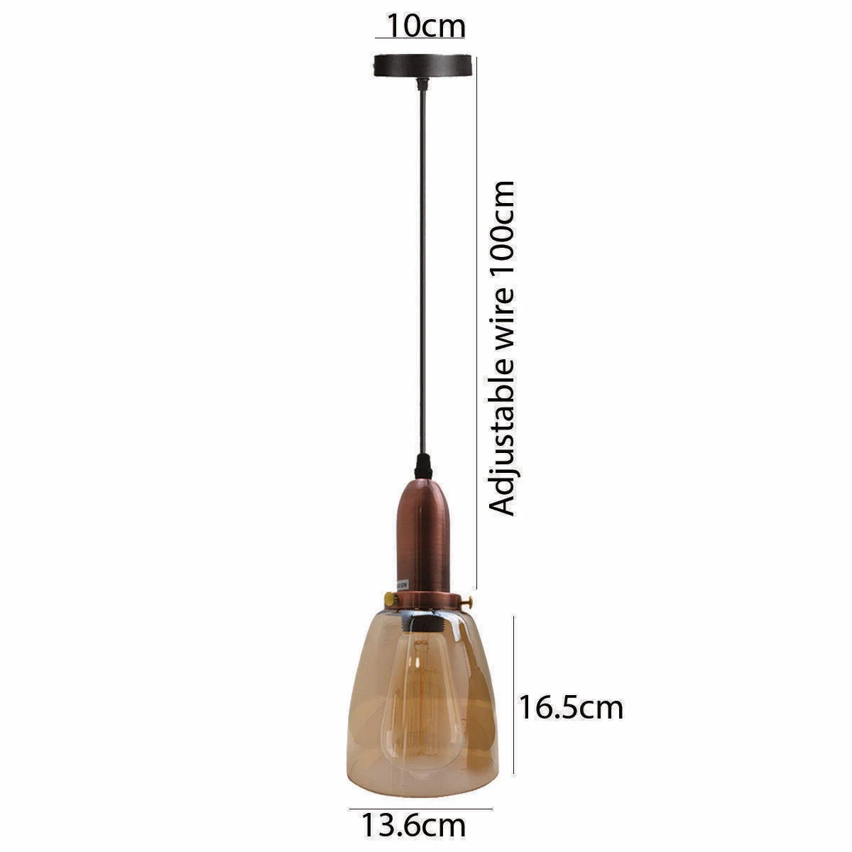 Industrial pendant light with sleek black metal stand and amber glass bowl, hanging 95cm, suitable for E27 bulbs