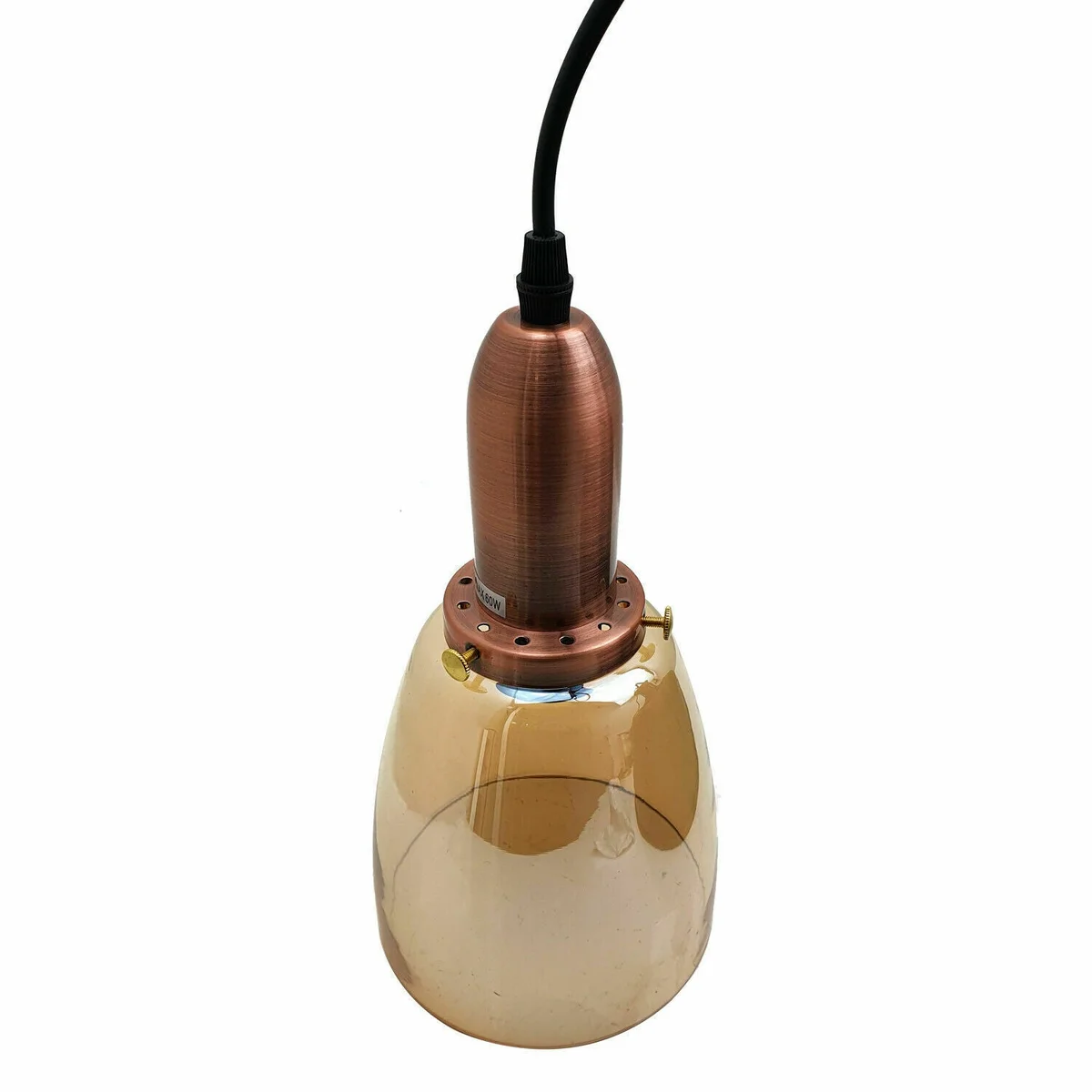 E27 lamp pendant with black or amber glass bowl, metal frame, hanging from 95 cm PVC cable.