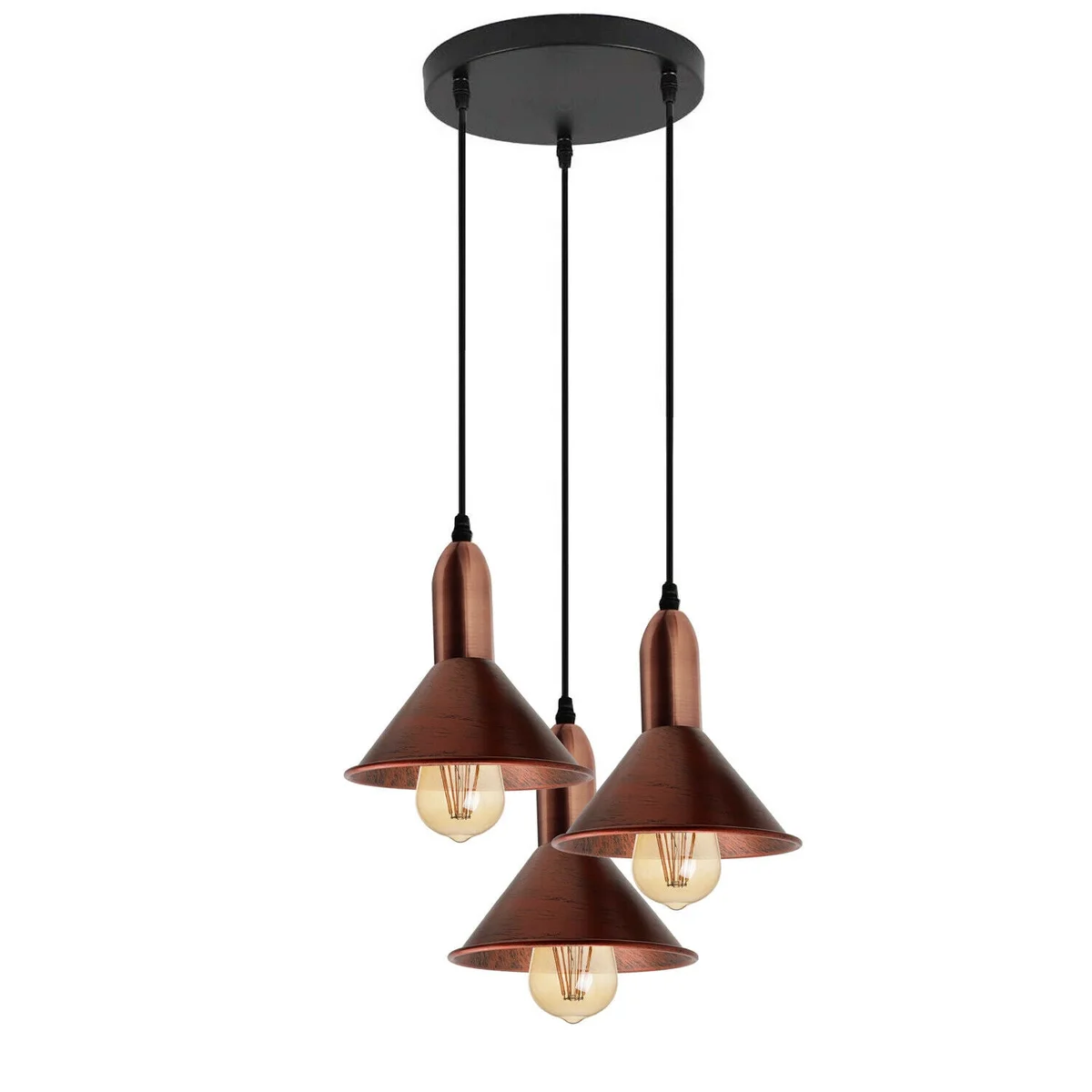 Retro 3 way rustic red metal pendant ceiling light with three shades and PVC cable.