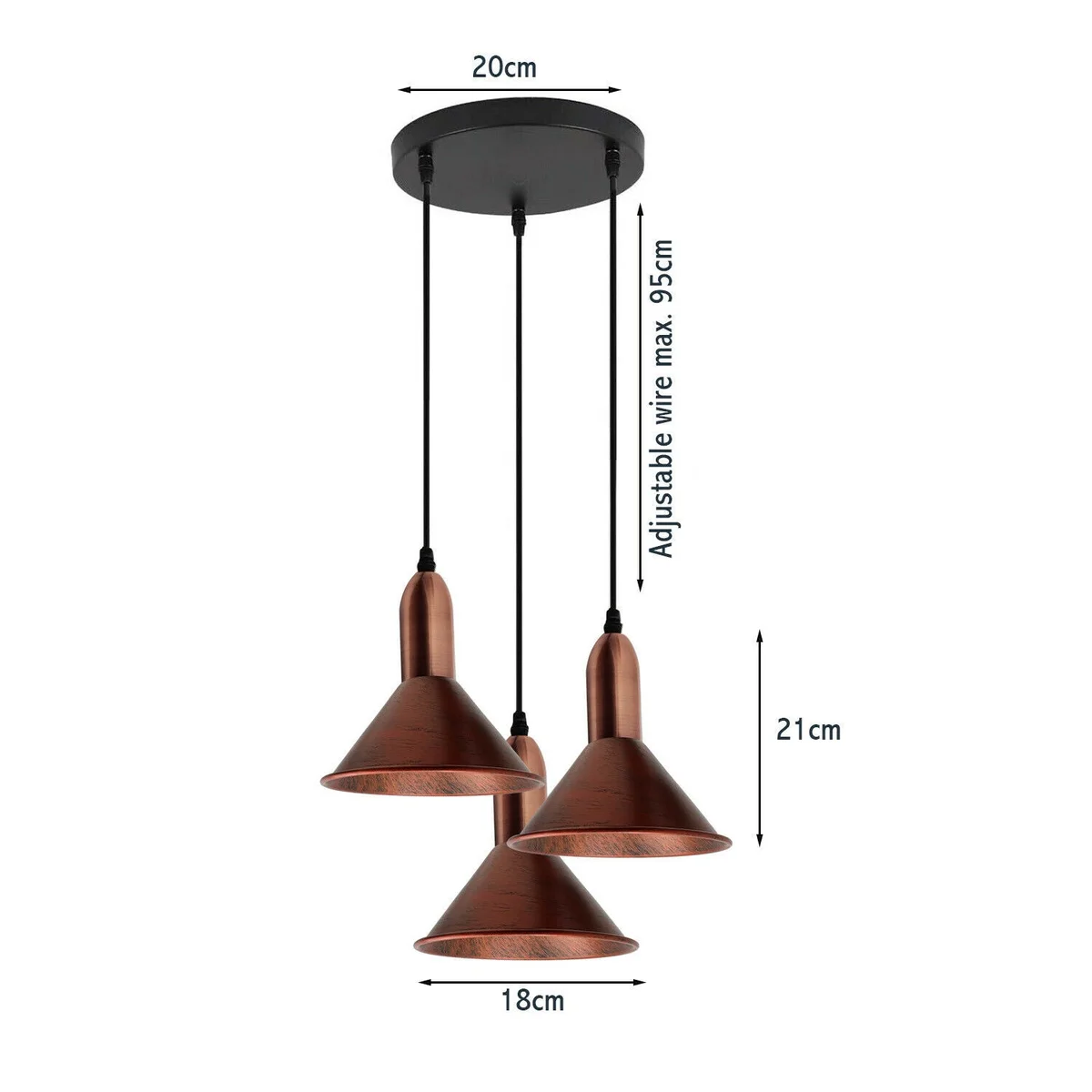 Rustic red metal pendant ceiling light with three pendant lamps, 3 light shades, PVC cable and mounting hardware