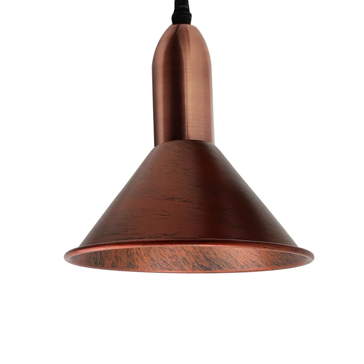 Industrial style pendant light with three rustic red metal shades, E27 holders, hanging on 95cm PVC cable.