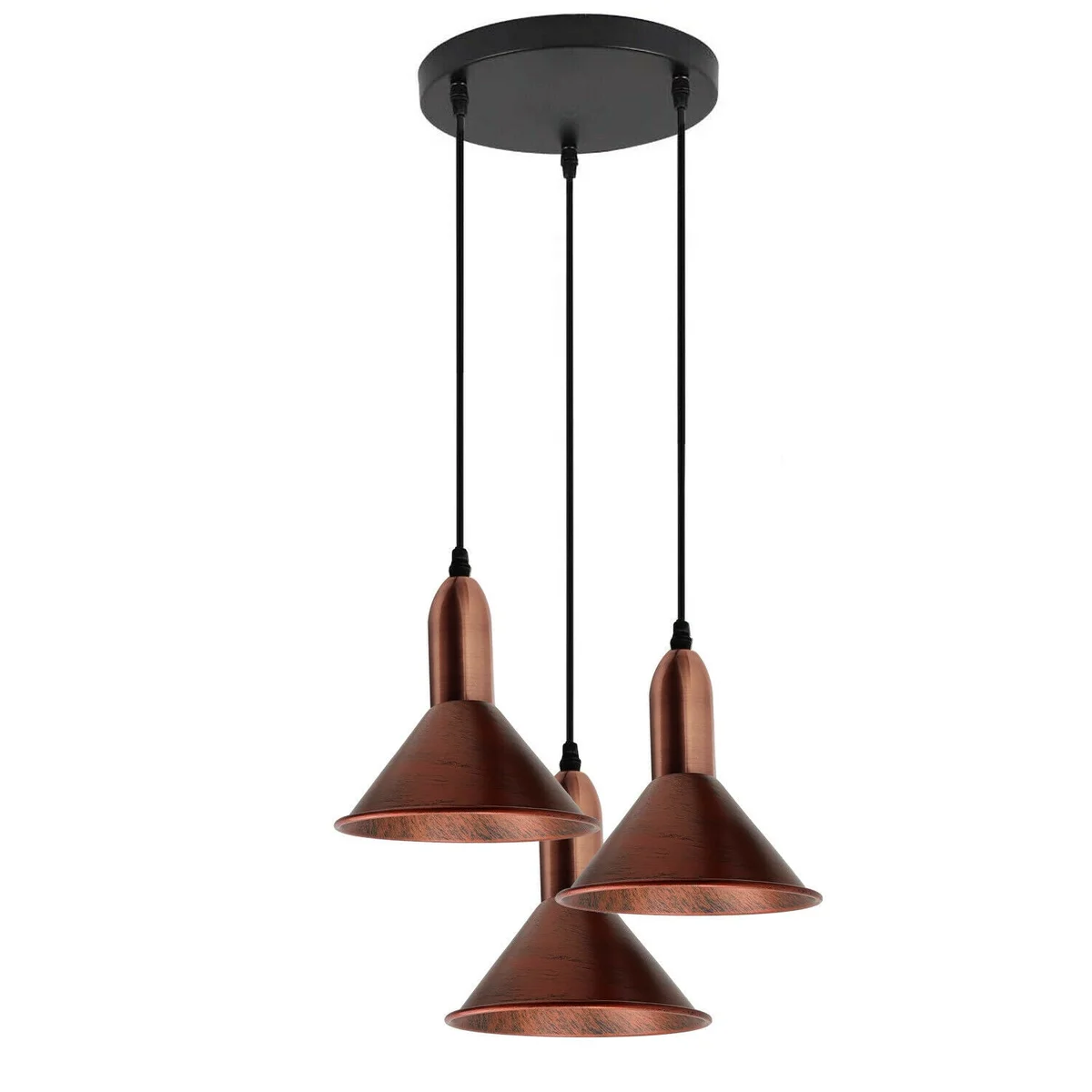 Retro 3‑way rustic red metal pendant light with E27 bulb holders, a 20 cm ceiling plate and 95 cm PVC cable.