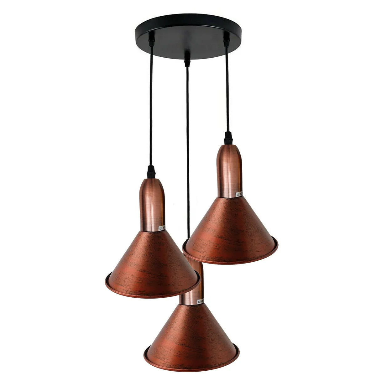 Retro 3‑way rustic red pendant light with metal body and PVC cable, mounting plate, 20‑cm diameter, bright warm glow
