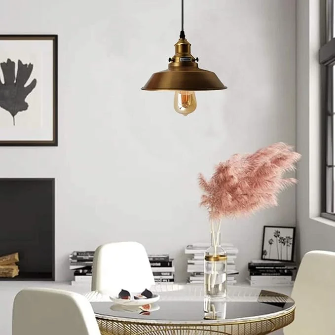 industrial metal pendant light with brushed finish, bowl shape, angled base & hood, white interior, coloured metal