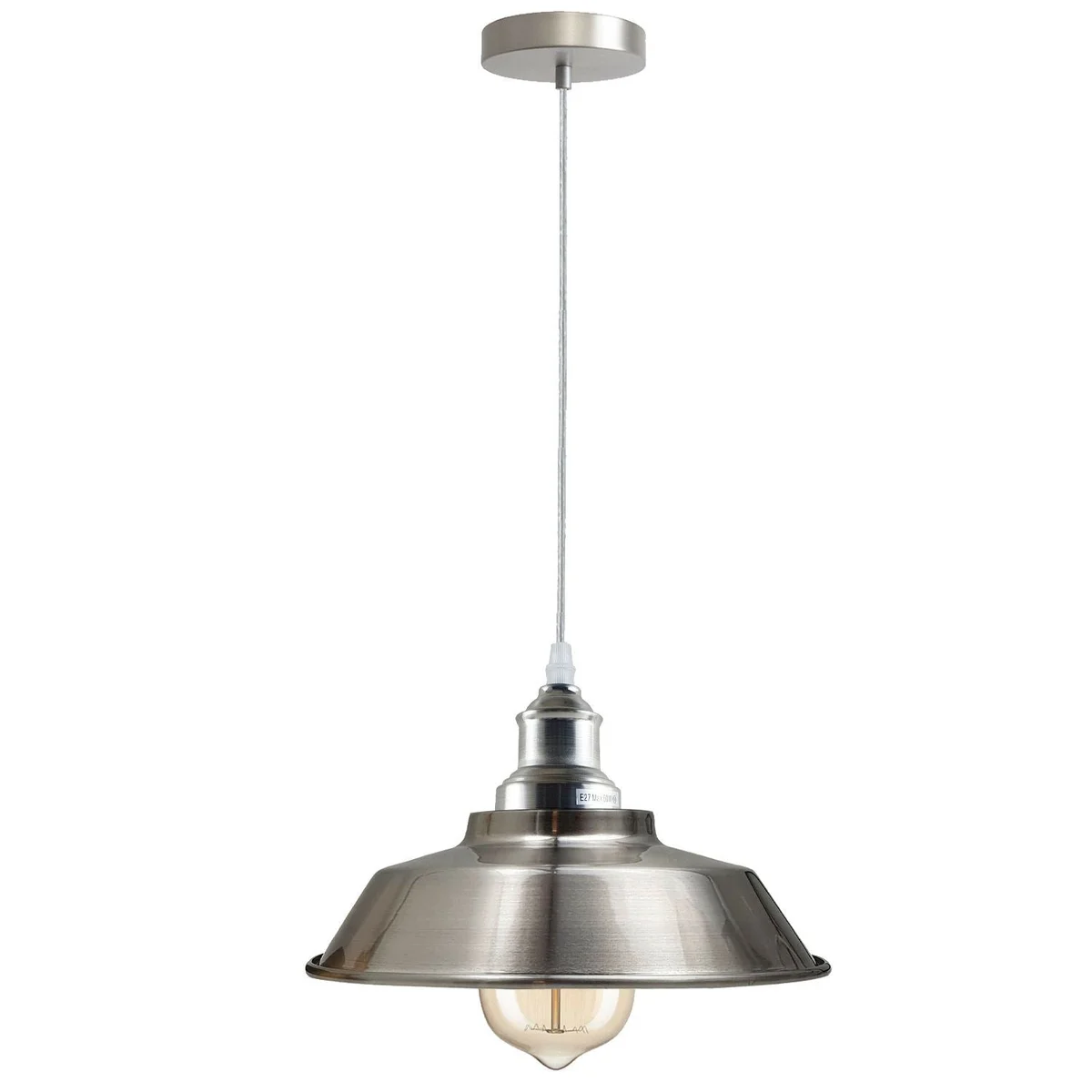 Retro metal pendant lamp with brushed metal bowl, white hood, angled base, 95cm cable, multiple colour options.