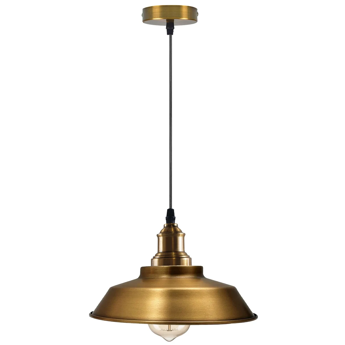 Adjustable ceiling pendant with brushed metal bowl shade, white interior, E27 base, cable, fits sloped ceilings.