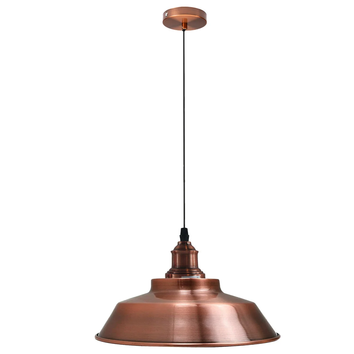 Industrial metal pendant light in brushed copper finish, white interior shade, round base, cable hanging from ceiling.