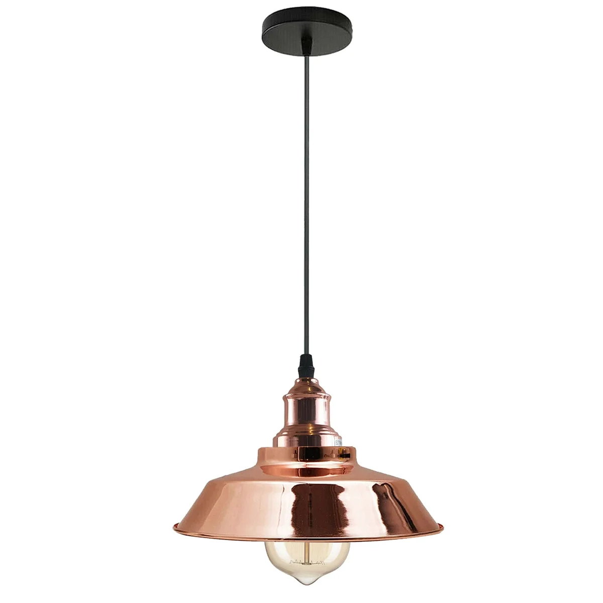 Brushed metal bowl-shape industrial metal pendant light, white hood interior, angled base, cable, fits angled ceilings.