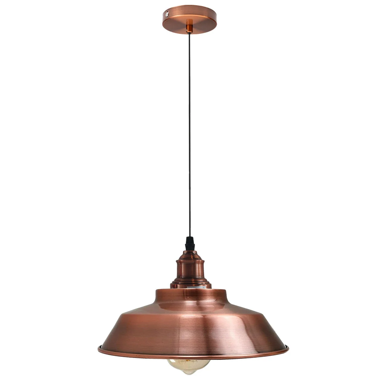 Industrial metal pendant light with brushed finish, white interior hood, sleek bowl shape, angled base for sloped ceilings.