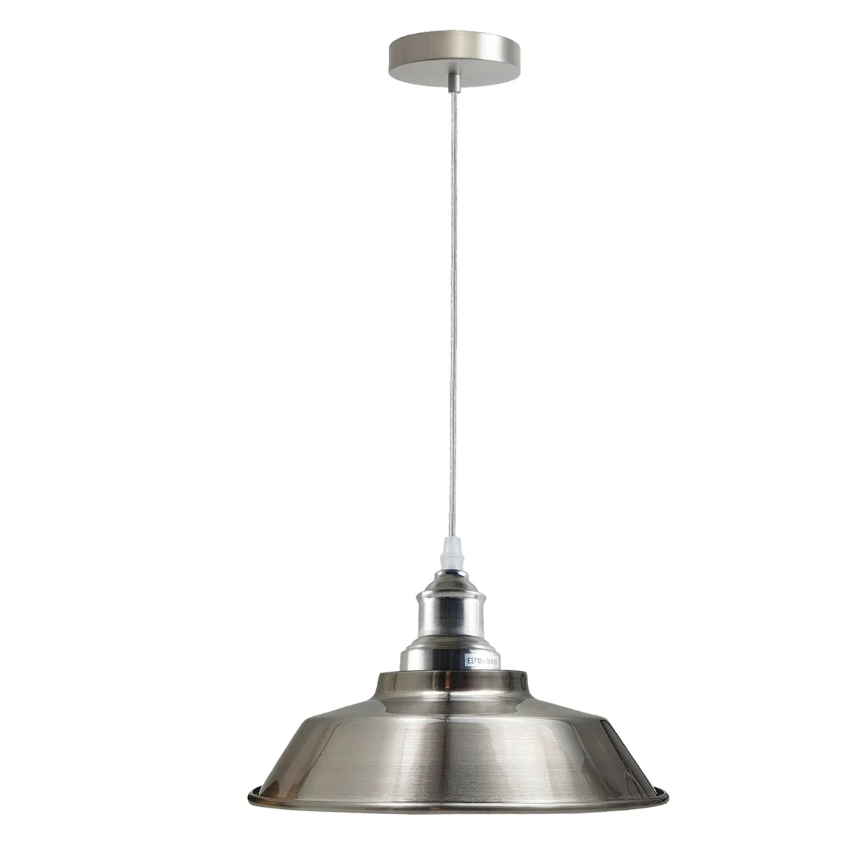 Industrial metal pendant light with brushed finish, bowl-shaped shade, white interior, angled base and hood from ceiling