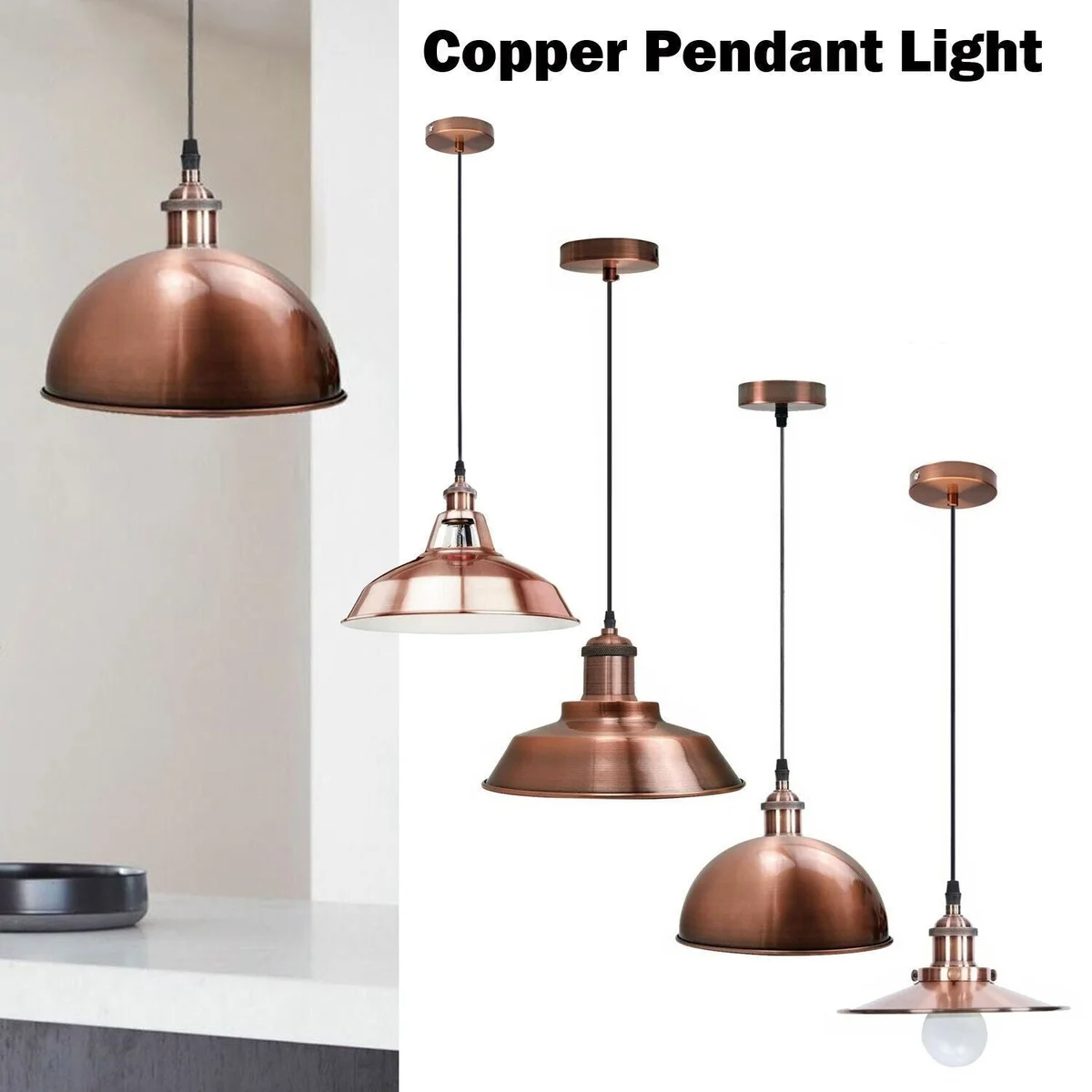Copper ceiling pendant light with metal finish dome, gold interior, adjustable angle, 10 cm base and 95 cm cable.