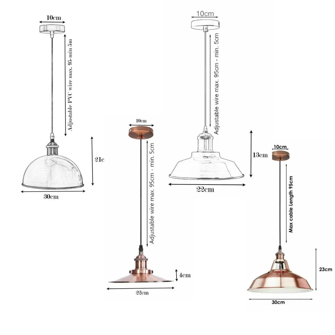 Retro metal pendant light with a sleek copper dome, gold‑lined hood, hanging from a 95 cm cable, suitable for kitchen islands.