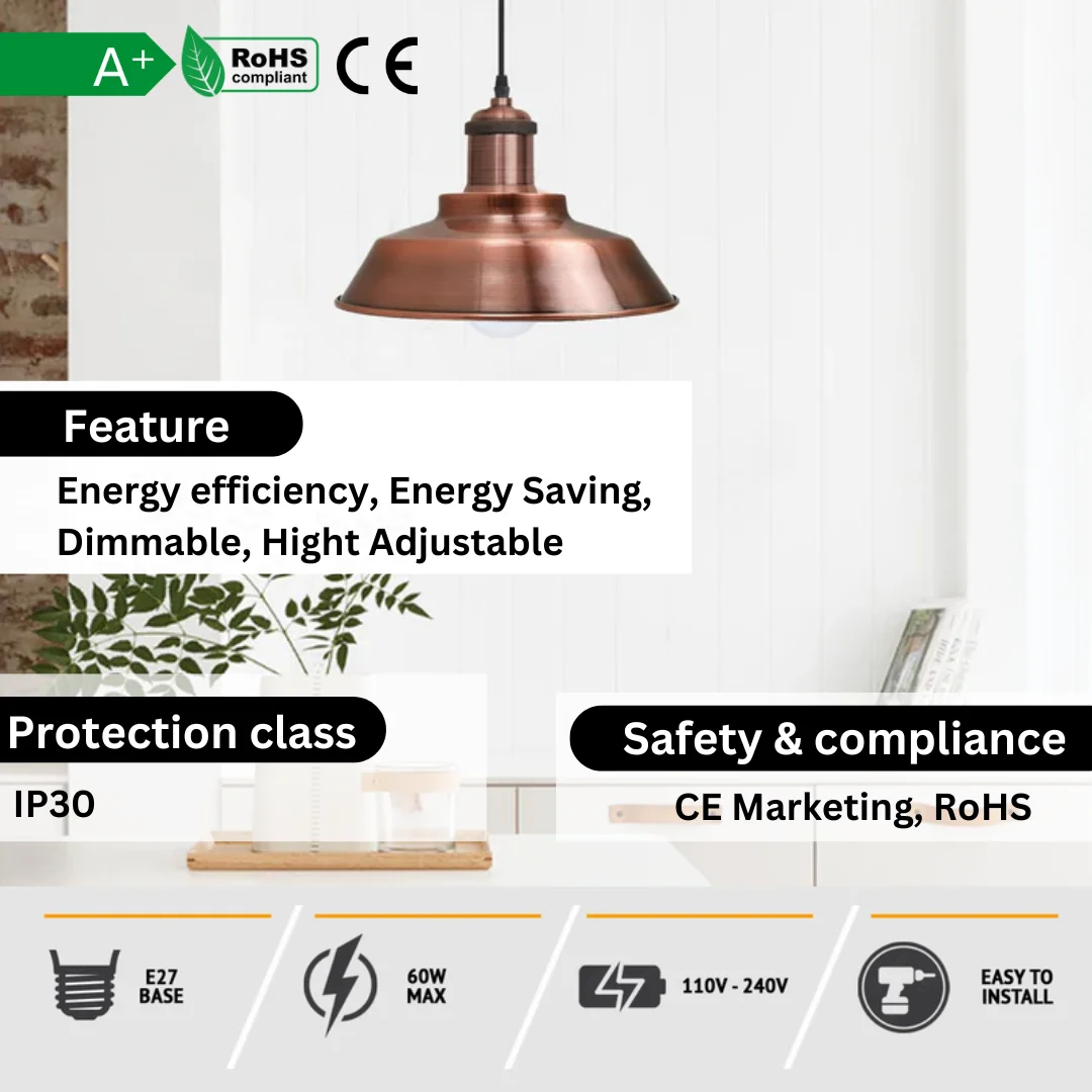 Industrial dome pendant in copper with gold‑lined hood, 10 cm base and 95 cm cable ready for installation