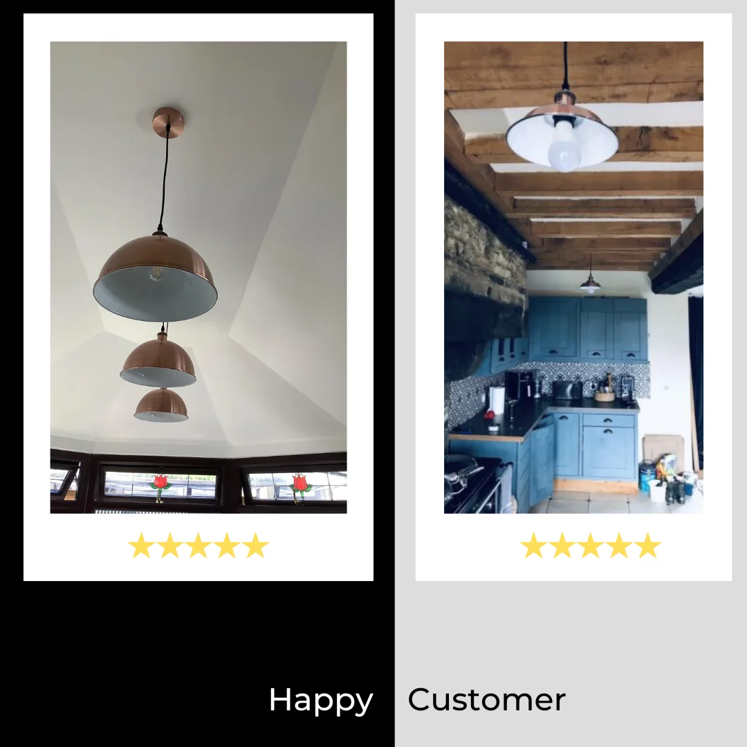 E27 pendant lamp with copper dome and gold‑lined hood, angled base, 95 cm cable