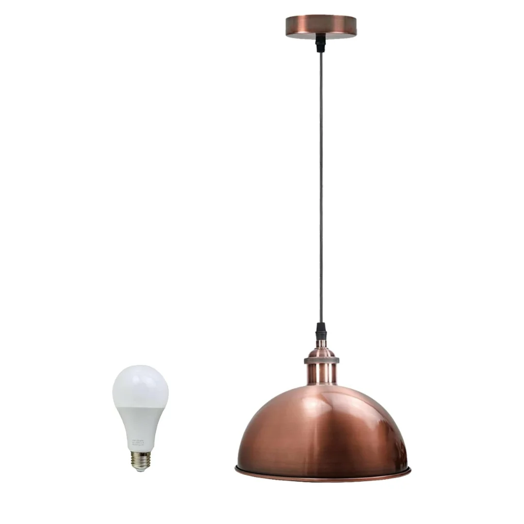 Sleek copper dome pendant with metal finish, gold interior, angled brass base for kitchen island lighting, 95 cm cable.