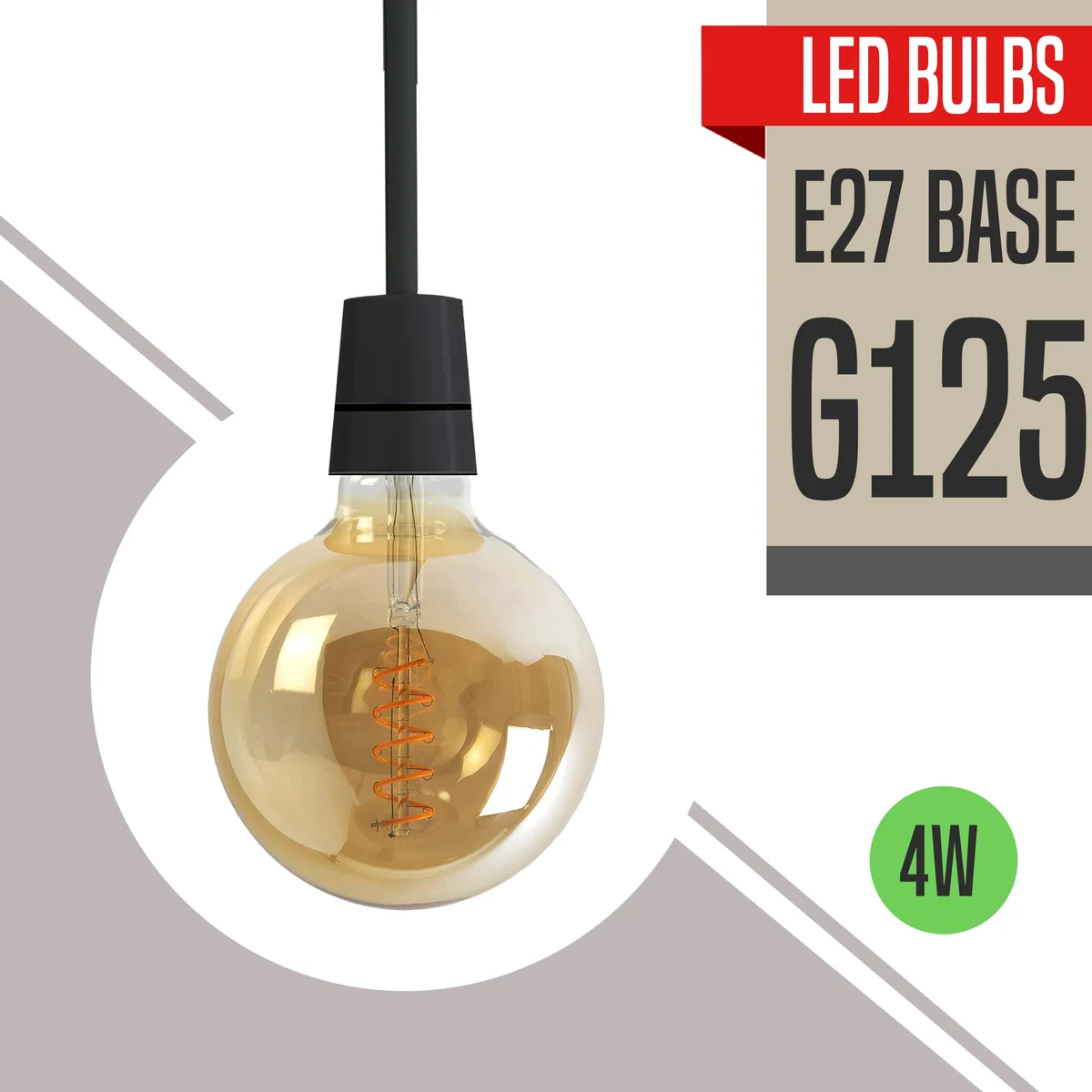 Vintage LED globe bulb with oversized transparent glass globe and Edison spiral filament casting warm amber glow.