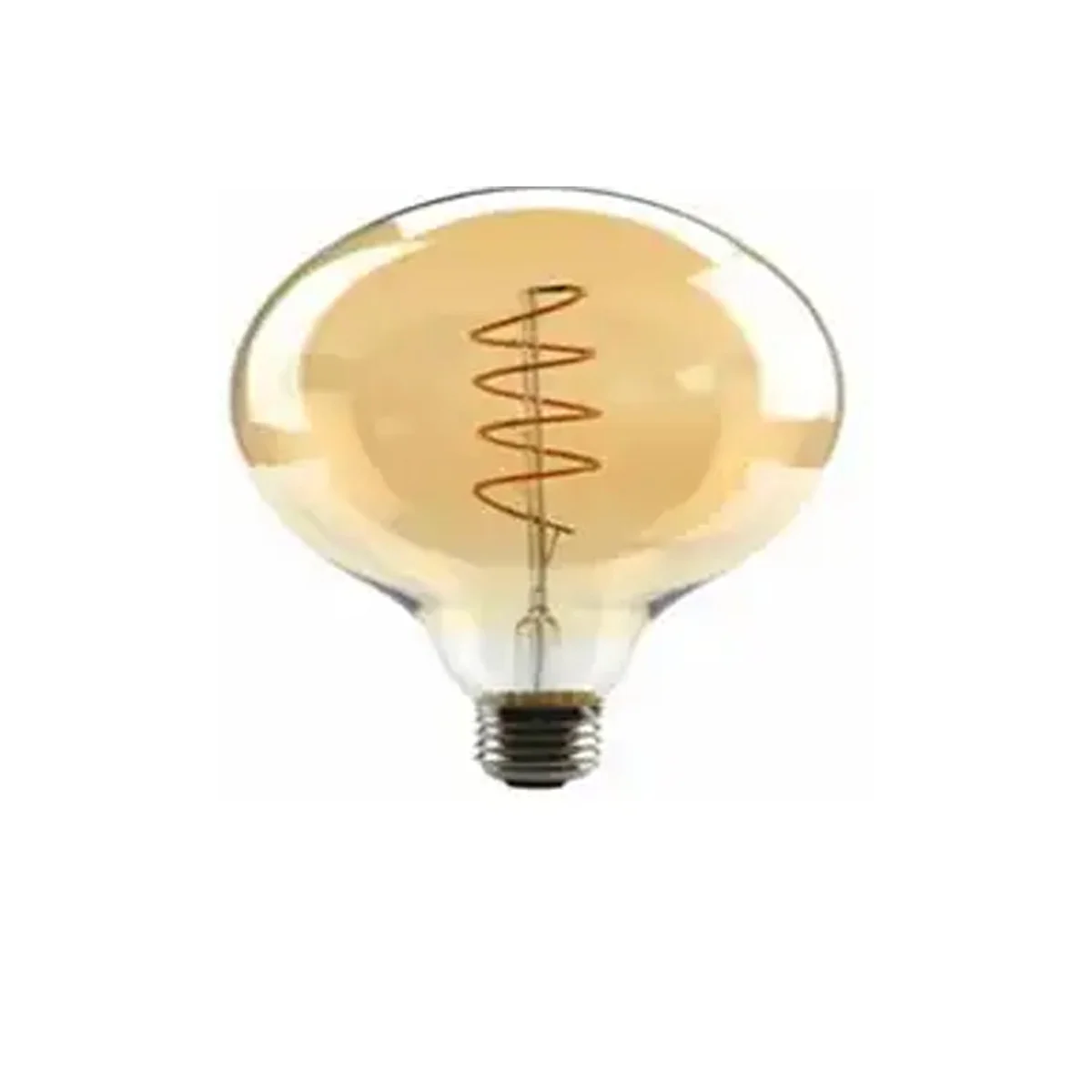 Vintage G125 globe bulb, clear glass sphere with Edison spiral filament, emitting soft amber glow.
