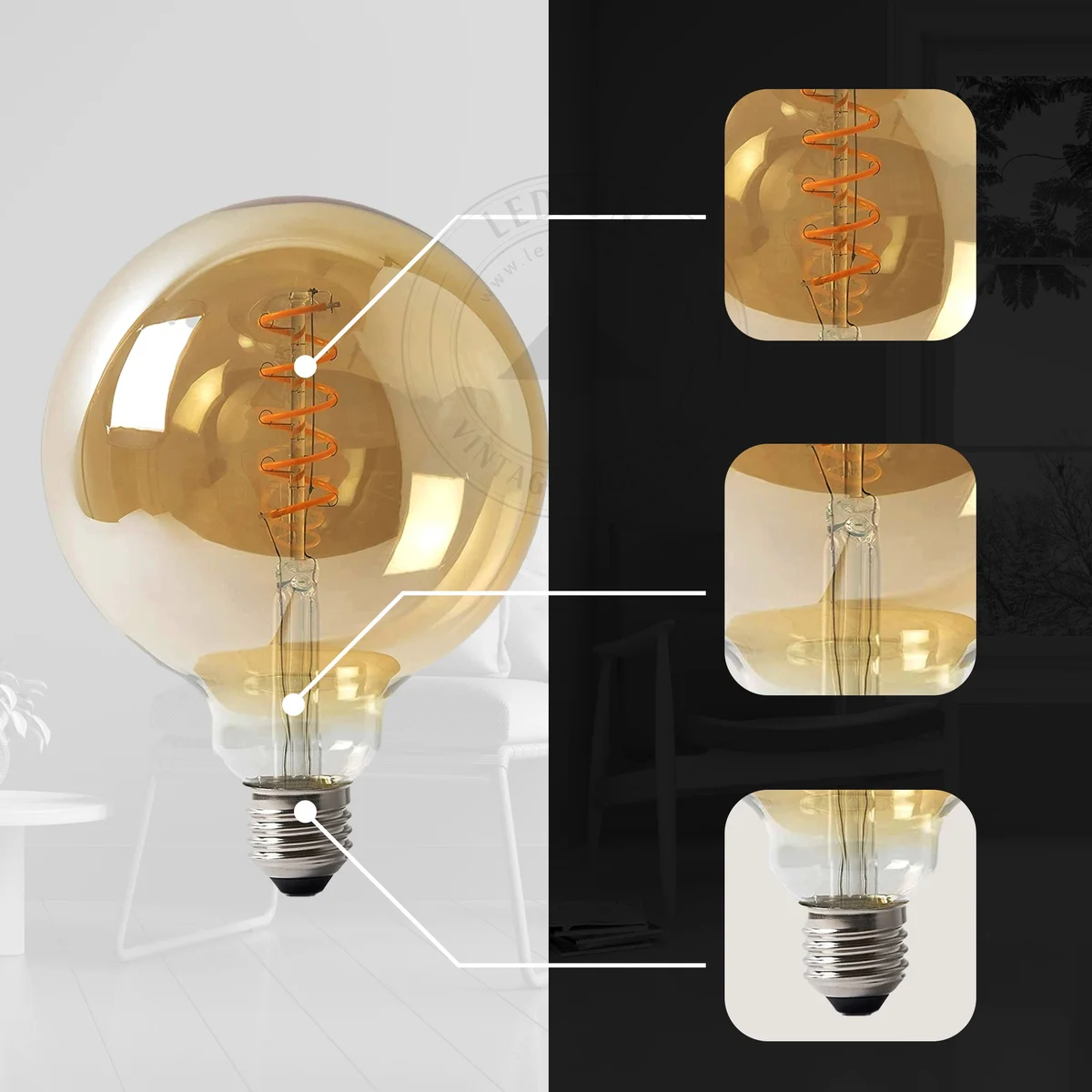 Vintage 125mm globe LED spiral filament bulb with transparent glass globe and visible spiral filament