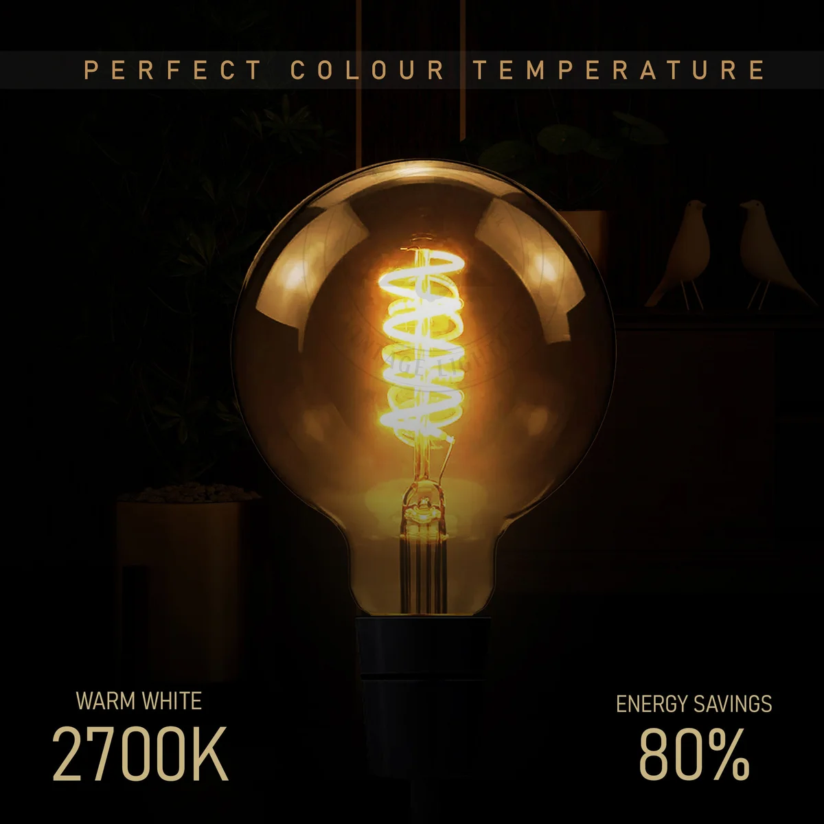 Dimmable LED bulb with vintage G125 globe shape, transparent glass housing, exposed spiral filament glowing amber