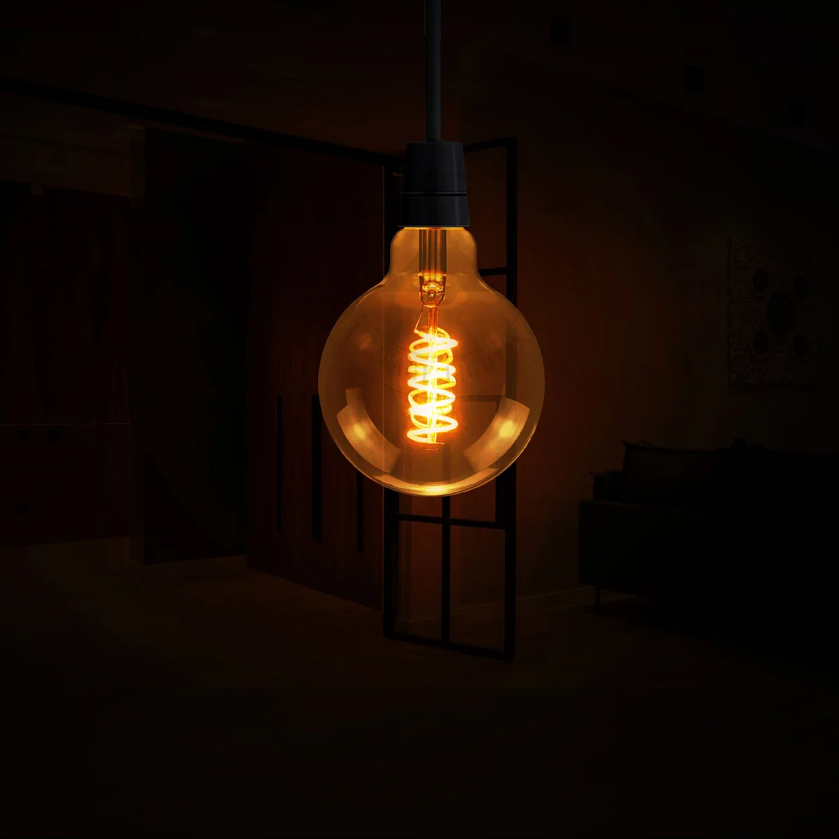 Vintage LED globe bulb with iconic spiral filament inside transparent glass, 125mm diameter, 4W E27 fitting