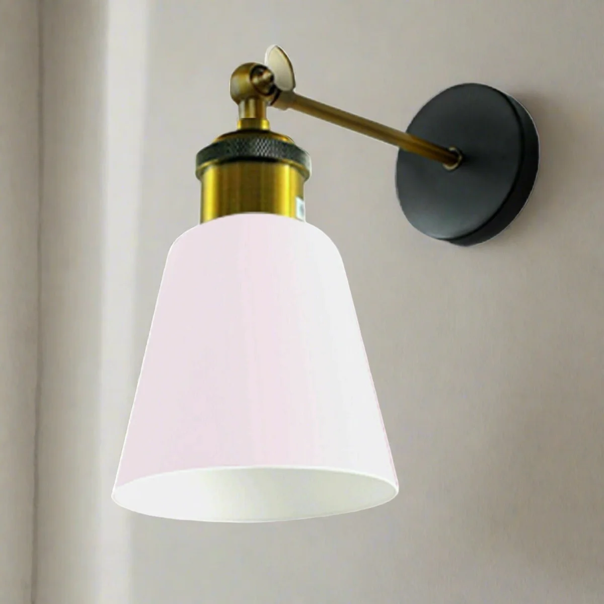 White metal vintage wall lamp with round ceiling rose and single e27 bulb, suitable for dining or living rooms