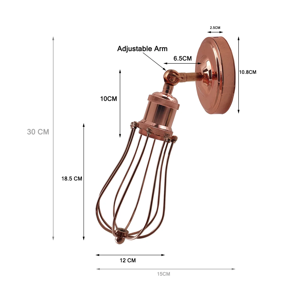 Rose gold wall light with vintage balloon cage design, metal finish, E27 fitting and hard‑wired installation kit.
