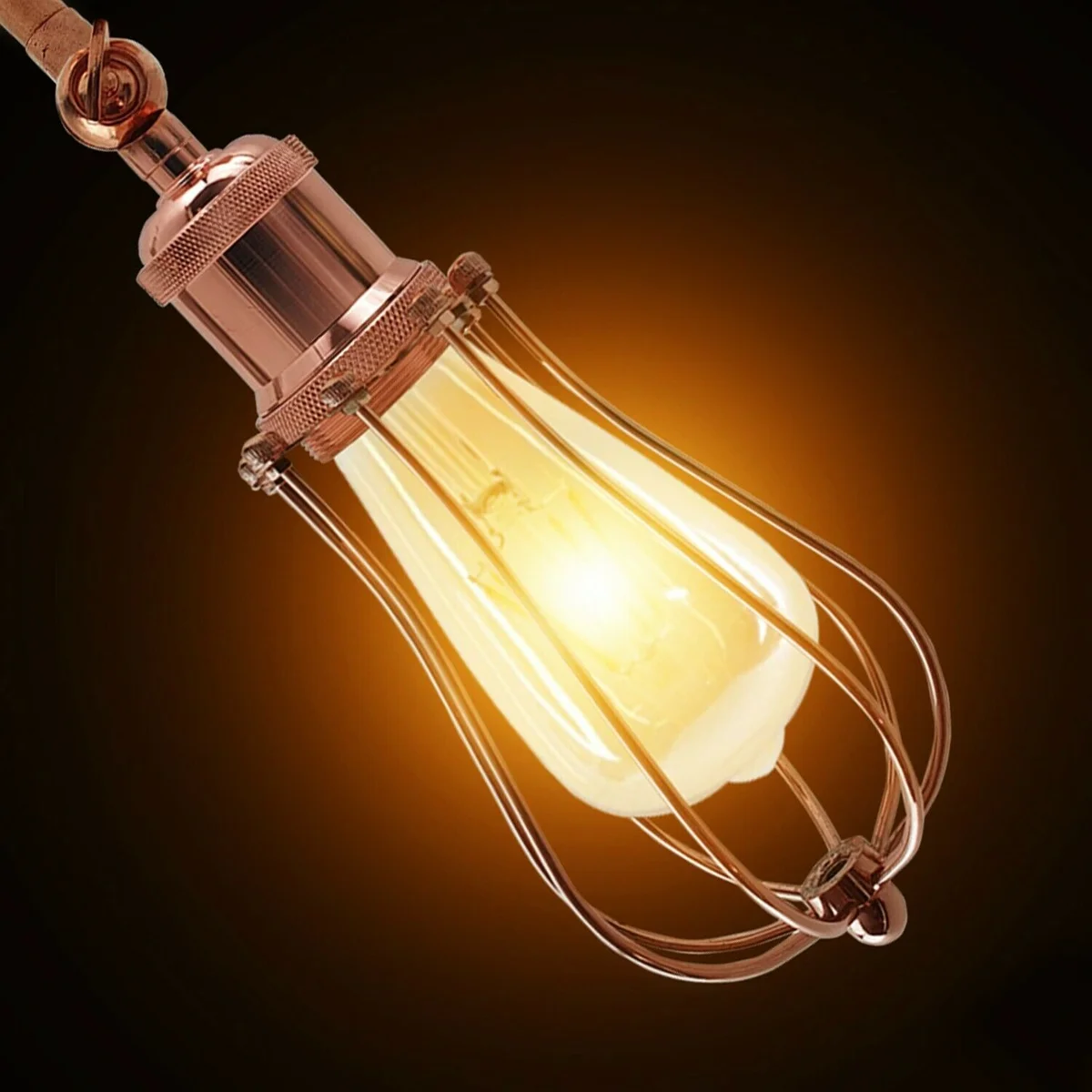 Rose‑gold industrial cage E27 fitting wall light with metal balloon shape hanging on a wall