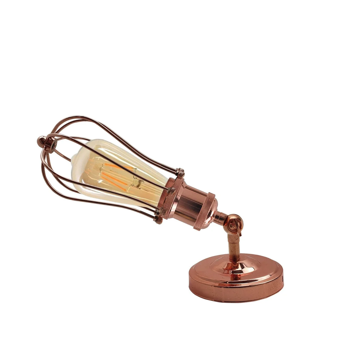 Rose gold metal cage wall light with balloon-shaped shade, mounted on wall, E27 socket