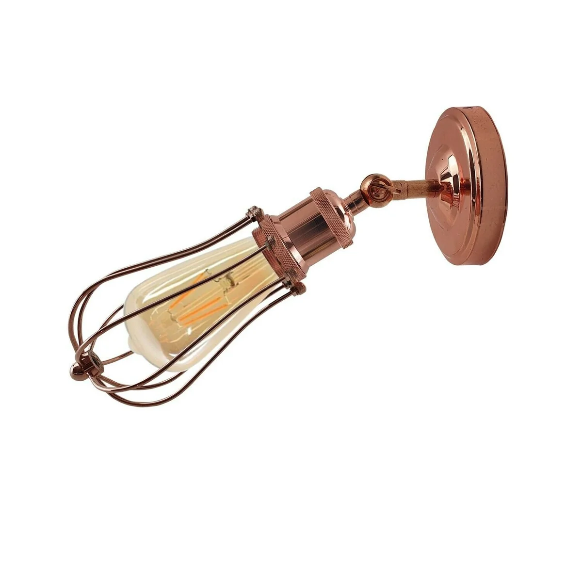 Industrial wall light with rose gold electroplated cage, vintage balloon shape, mounted on wall in interior.