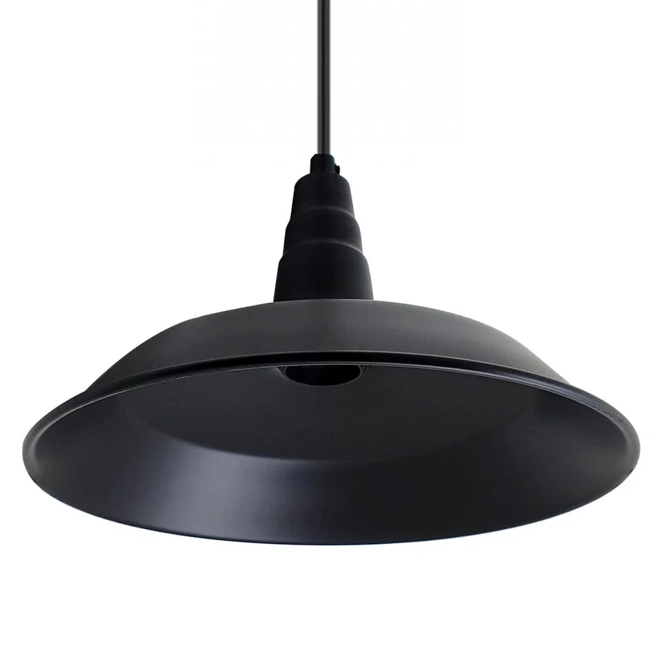 Black metal pendant light, 10cm aluminium shade, 2cm height, black wire, industrial kitchen ceiling light.