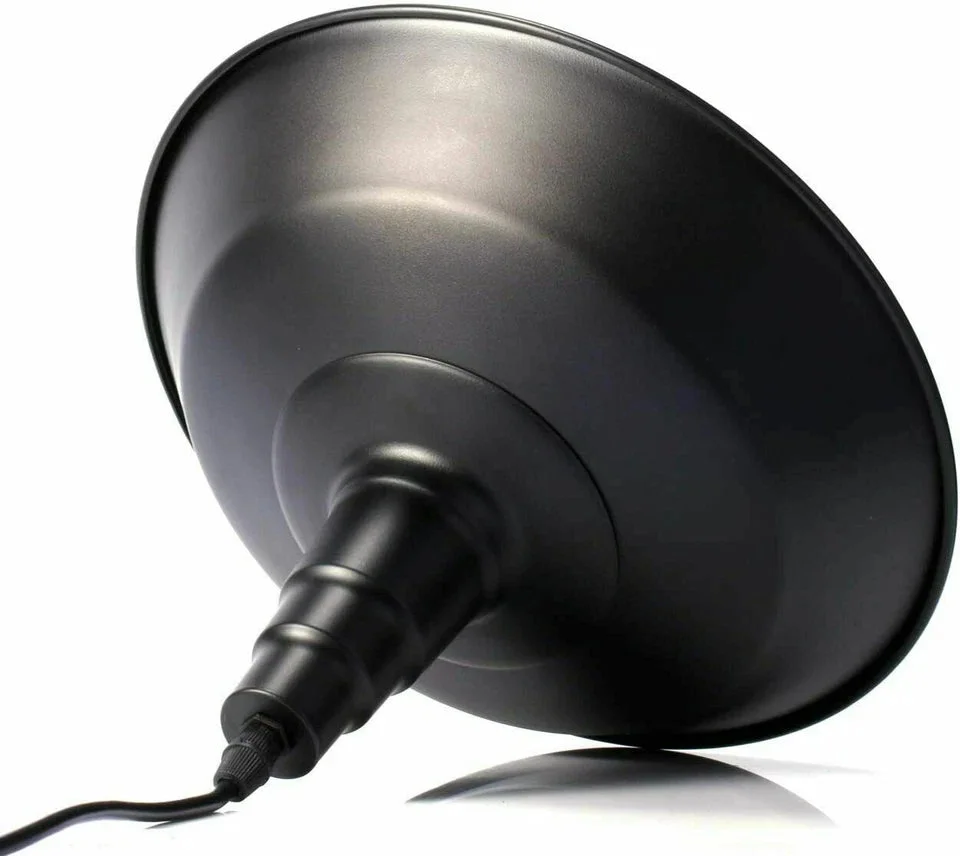 Black vintage metal pendant light with 10cm diameter aluminium shade, 2cm height, adjustable black wire, suitable for kitchen