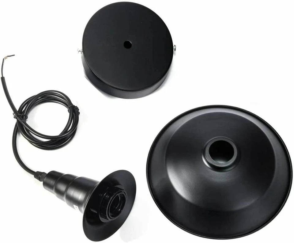 Vintage metal pendant light with black aluminium shade, 10cm diameter, 2cm height, adjustable black wire.