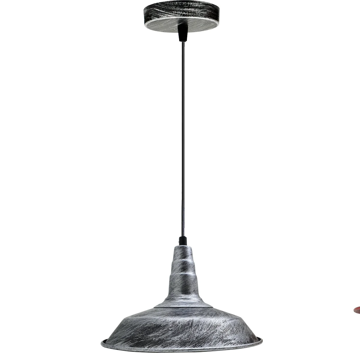 vintage pendant ceiling light with brushed silver metal lampshade hanging from a black wire