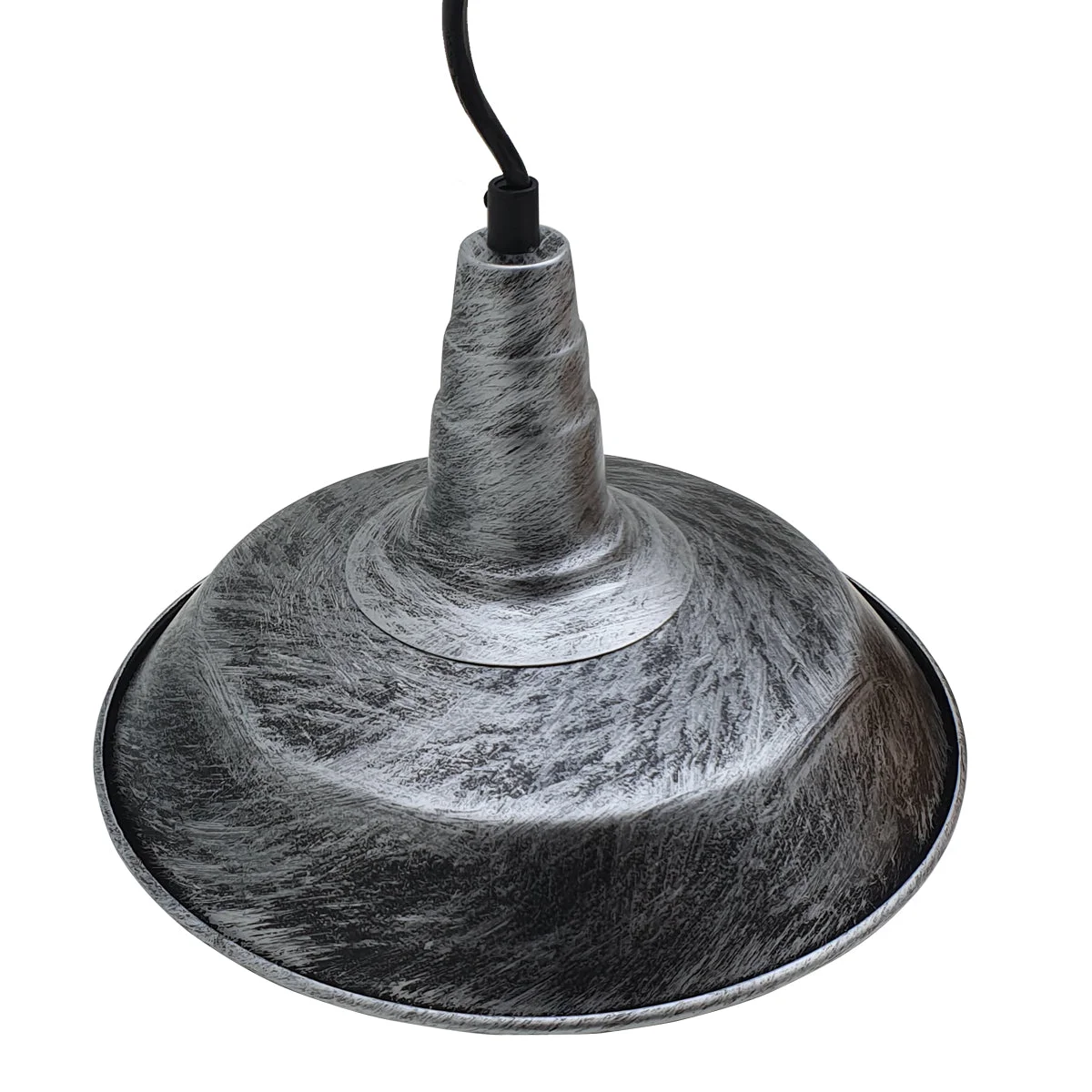 Brushed silver metal pendant lamp, vintage industrial ceiling light, 10cm diameter, 2cm height, aluminium shaft, E27 socket