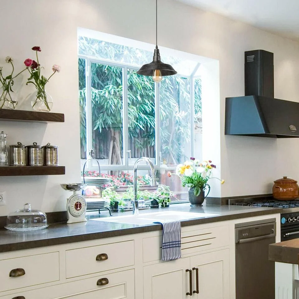 Brushed silver metal pendant lamp, adjustable wire pendant light with a small threaded shade for kitchen or café décor.