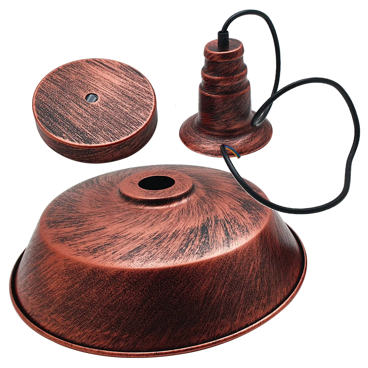 Black metal pendant lamp, vintage loft style with round 10cm aluminium shade, hanging from ceiling, retro loft ceiling light