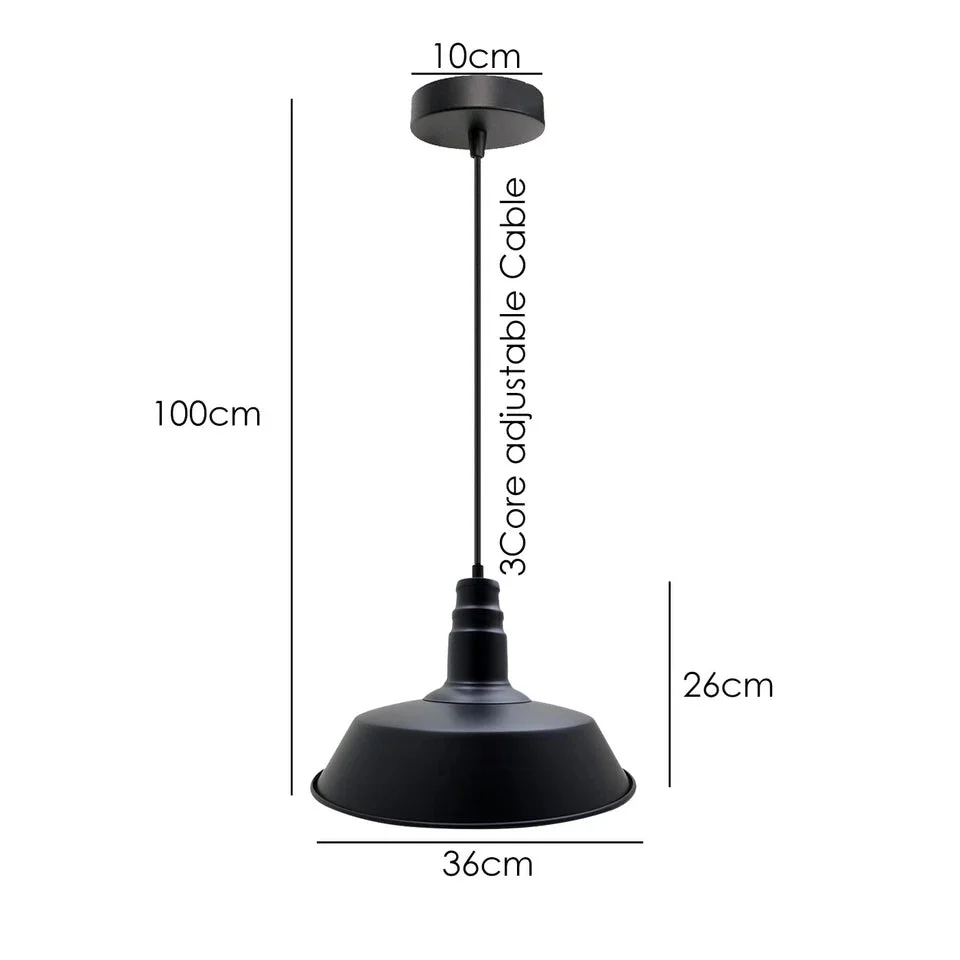 Brushed silver metal dome vintage pendant light hanging from ceiling with wire support, suitable for kitchen or bedroom.