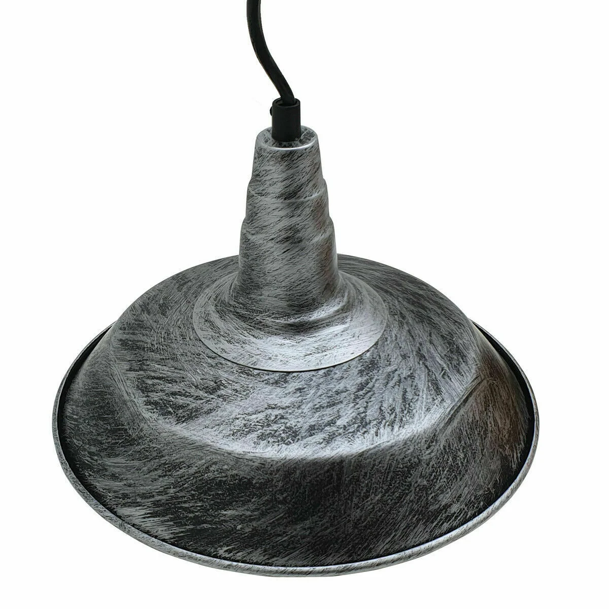 Brushed silver vintage metal dome ceiling light with adjustable pendant wire hanging from a 3‑core black wire.